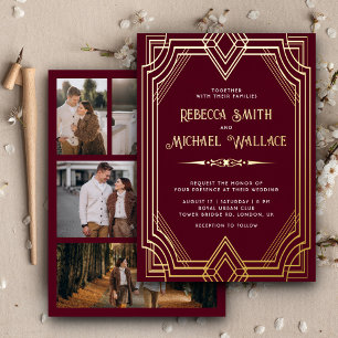 Invitación Con Relieve Metalizado Elegante Arte Geométrico Deco Nupcial Burgundy Oro