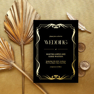 Invitación Con Relieve Metalizado Elegante Arte Nouveau de Boda en Oro