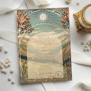 Invitación Con Relieve Metalizado Elegante Arte Nouveau Vintage Atardecer Naturaleza
