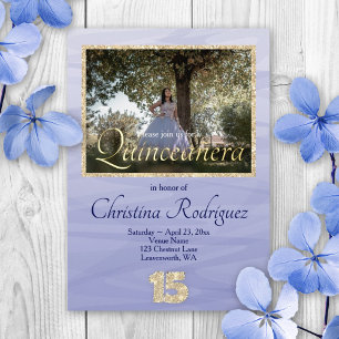Invitación Con Relieve Metalizado Elegante Azul Claro, Brillo Dorado 15 Quinceañera