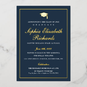 Invitación Con Relieve Metalizado Elegante azul marino 3 Graduación fotográfica