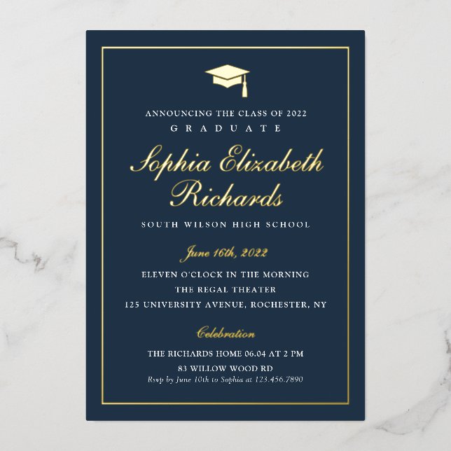 Invitación Con Relieve Metalizado Elegante azul marino 3 Graduación fotográfica (Anverso)