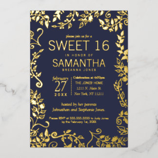 Invitación Con Relieve Metalizado Elegante Azul Marino Oro Real Floral Sweet 16