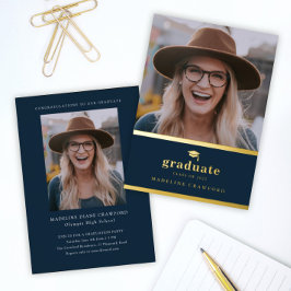 Invitación Con Relieve Metalizado Elegante Azul Marino y Dorado Foto Graduación