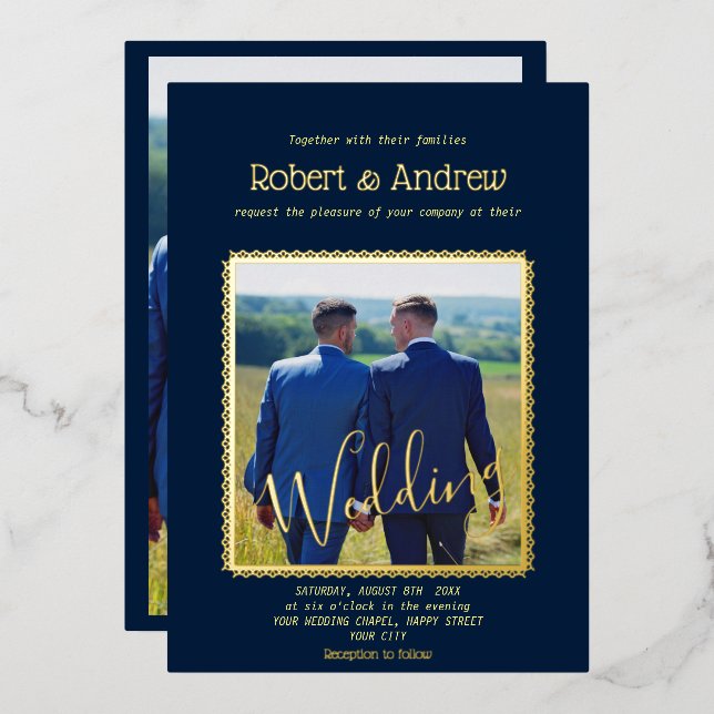 Invitación Con Relieve Metalizado Elegante azul oscuro y ORO - boda gay (Anverso/Reverso)
