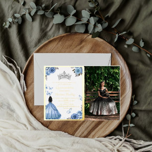 Invitación Con Relieve Metalizado Elegante Azul Polvoriento Floral Mariposa Quinceañ
