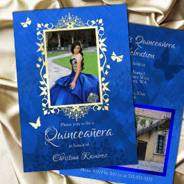Invitación Con Relieve Metalizado Elegante azul real, mariposas de oro Quinceanera