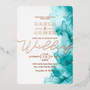 Invitación Con Relieve Metalizado elegante azul turquesa tinta alcohol dorada boda F
