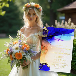 Invitación Con Relieve Metalizado Elegante Azul Zafiro Naranja Boda Oro