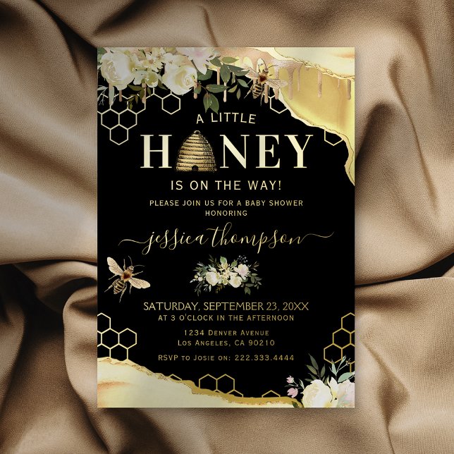 Invitación Con Relieve Metalizado Elegante Baby Shower Black Gold Honey Bee (Subido por el creador)