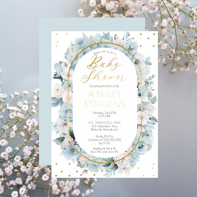 Invitación Con Relieve Metalizado Elegante Baby Shower Blue and White Floral Boy (Elegant Blue and White Floral Gold Foil Boy Baby Shower Invitation)