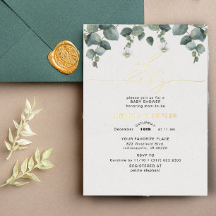 Invitación Con Relieve Metalizado Elegante Baby Shower de Eucalipto