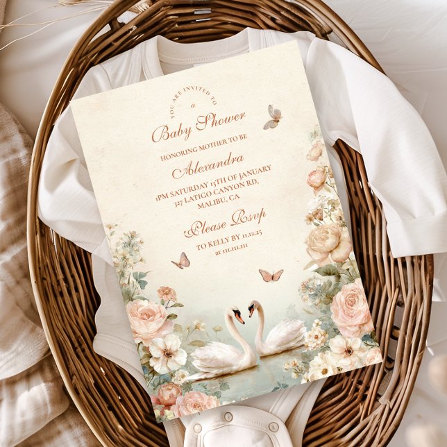 Invitación Con Relieve Metalizado Elegante Baby Shower Floral de lago Swan (Subido por el creador)