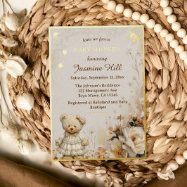 Invitación Con Relieve Metalizado Elegante Baby Shower Gold Teddy Bear