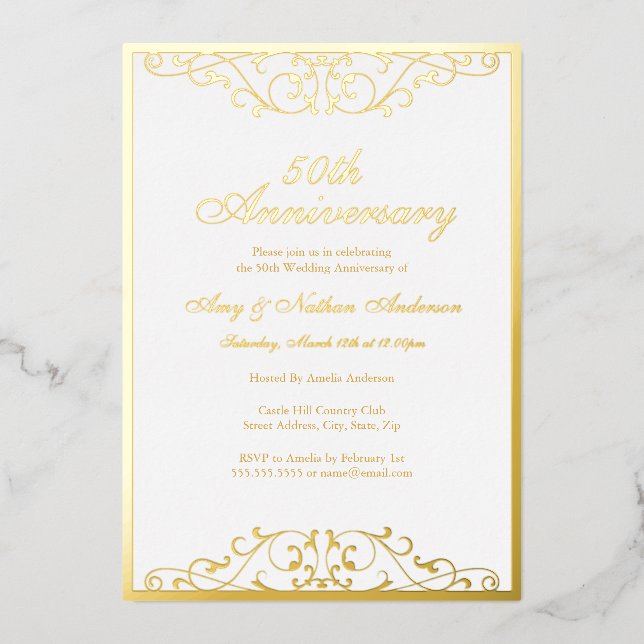 Invitación Con Relieve Metalizado Elegante Bañera de Oro Blanco 50 Aniversario Boda (Anverso)
