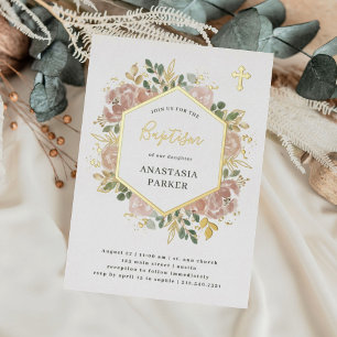 Invitación Con Relieve Metalizado Elegante Baptismo Floral de acuarela Neutral   Oro
