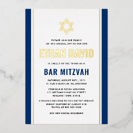 Invitación Con Relieve Metalizado Elegante bar azul oscuro mitzvah Estrella de David