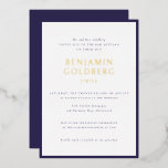 Invitación Con Relieve Metalizado Elegante bar de marco azul formal Bat Mitzvah Gold<br><div class="desc">Elegante plantilla de invitación al Relieve metalizado dorado Mitzvah de barra de marco azul formal</div>