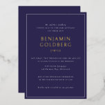 Invitación Con Relieve Metalizado Elegante bar de marco azul formal Bat Mitzvah Gold<br><div class="desc">Elegante Plantilla de invitación a Relieve metalizado dorado Mitzvah de barra de marco blanco y sólido formal</div>