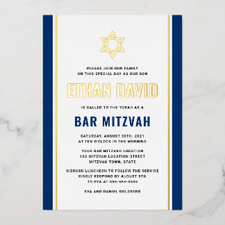 Invitación Con Relieve Metalizado Elegante bar mitzvah azul oscuro Estrella de David