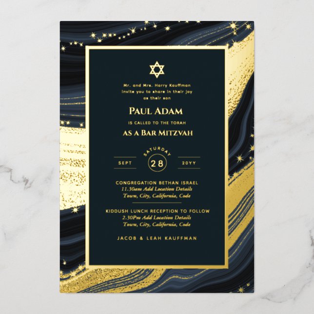 Invitación Con Relieve Metalizado Elegante Bar Mitzvah | Bat Mitzvah | Agato naval (Anverso)