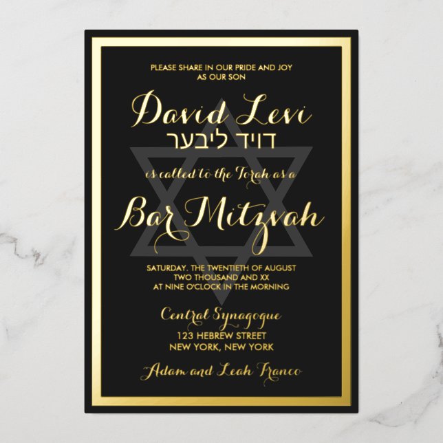 Invitación Con Relieve Metalizado Elegante Bar negro moderno Mitzvah Real Gold (Anverso)