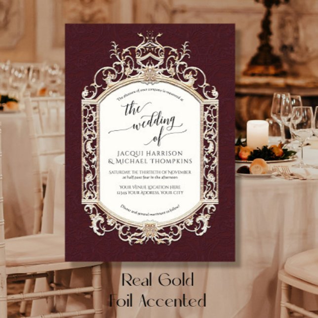 Invitación Con Relieve Metalizado Elegante barroco vintage Burgundy (Subido por el creador)