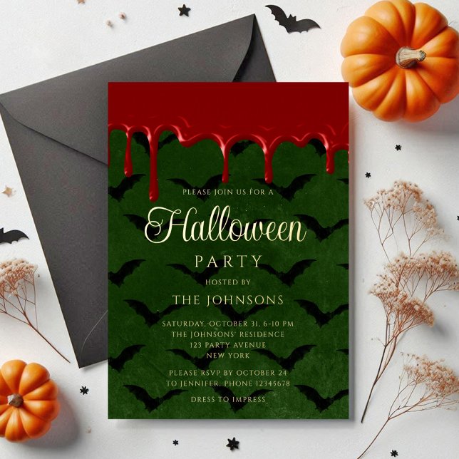 Invitación Con Relieve Metalizado Elegante Bat Blood Driding Halloween Gold (Elegant Bat Blood Dripping Halloween Gold Foil Invitation)