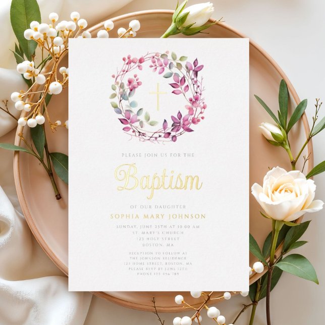 Invitación Con Relieve Metalizado Elegante bautismo Chica baptismo bélico-bruta rosa (Elegant Pink Botanical Religious Girl Baptism Foil Invitation)