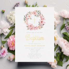 Invitación Con Relieve Metalizado Elegante bautismo Chica floral rosa