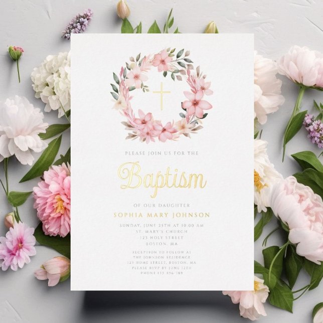 Invitación Con Relieve Metalizado Elegante bautismo Chica floral rosa (Elegant Pink Floral Wreath Girl Baptism Foil Invitation)