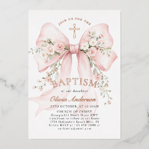 Invitación Con Relieve Metalizado Elegante Bautismo Cristiano de Niña Rosa Floral