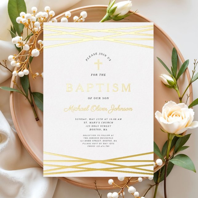 Invitación Con Relieve Metalizado Elegante bautismo de escritura de oro moderno (Elegant Modern Gold Script Baptism Foil Invitation)