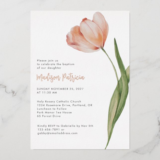 Invitación Con Relieve Metalizado Elegante bautismo Peach Floral Tulip Rosa Gold (Anverso)