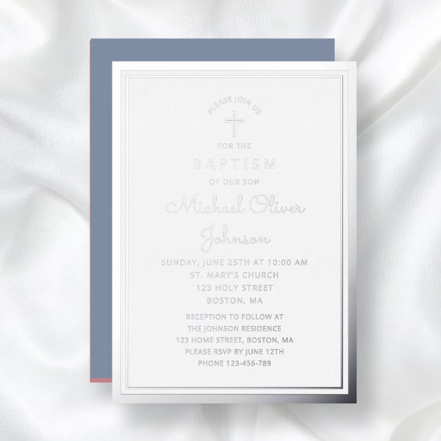 Invitación Con Relieve Metalizado Elegante bautismo religioso cruzado polvoriento (Elegant Religious Cross Dusty Blue Boy Baptism Foil Invitation)