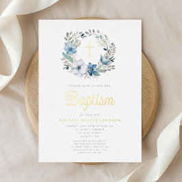 Invitación Con Relieve Metalizado Elegante bautismo religioso floral azul
