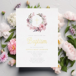 Invitación Con Relieve Metalizado Elegante bautismo religioso floral rosado Chica