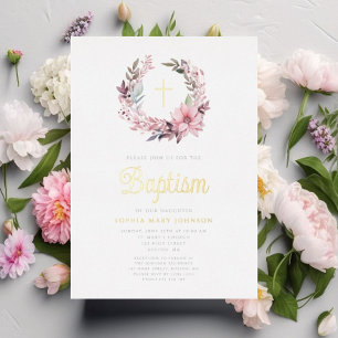 Invitación Con Relieve Metalizado Elegante bautismo religioso floral rosado Chica