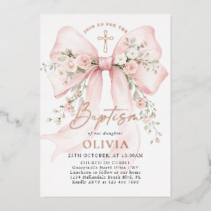Invitación Con Relieve Metalizado Elegante Bautizo Cristiano de Niña Rosa Floral