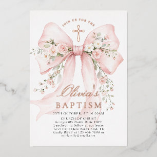 Invitación Con Relieve Metalizado Elegante Bautizo Cristiano de Niña Rosa Floral