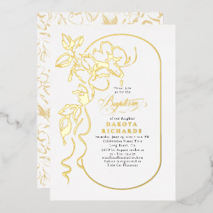Invitación Con Relieve Metalizado Elegante Bautizo Floral Oro