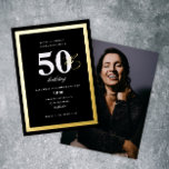 Invitación Con Relieve Metalizado Elegante Black 50th Birthday Party Gold<br><div class="desc">Un elegante Relieve metalizado presionó la invitación de la fiesta de 50 años con borde dorado y texto editable en la parte delantera y una gran foto en la parte trasera (extraíble). Haga clic en el botón de edición para personalizar de este diseño.</div>