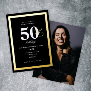 Invitación Con Relieve Metalizado Elegante Black 50th Birthday Party Gold