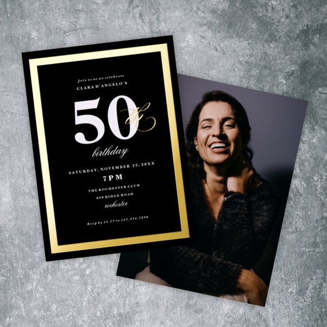 Invitación Con Relieve Metalizado Elegante Black 50th Birthday Party Gold (Subido por el creador)