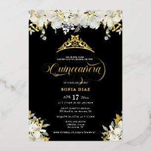 Invitación Con Relieve Metalizado Elegante Black Quinceañera Floral Gold