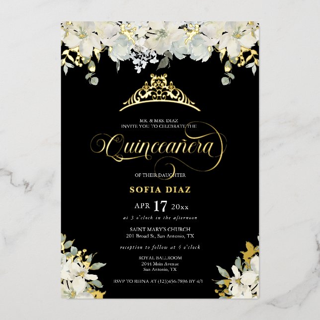 Invitación Con Relieve Metalizado Elegante Black Quinceañera Floral Gold (Anverso)