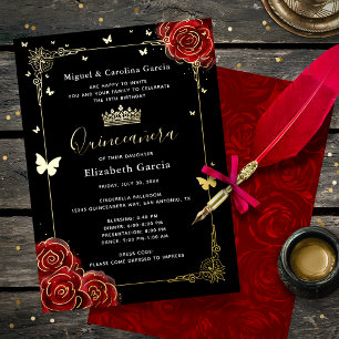Invitación Con Relieve Metalizado Elegante Black Quinceanera Red Rose Real Gold
