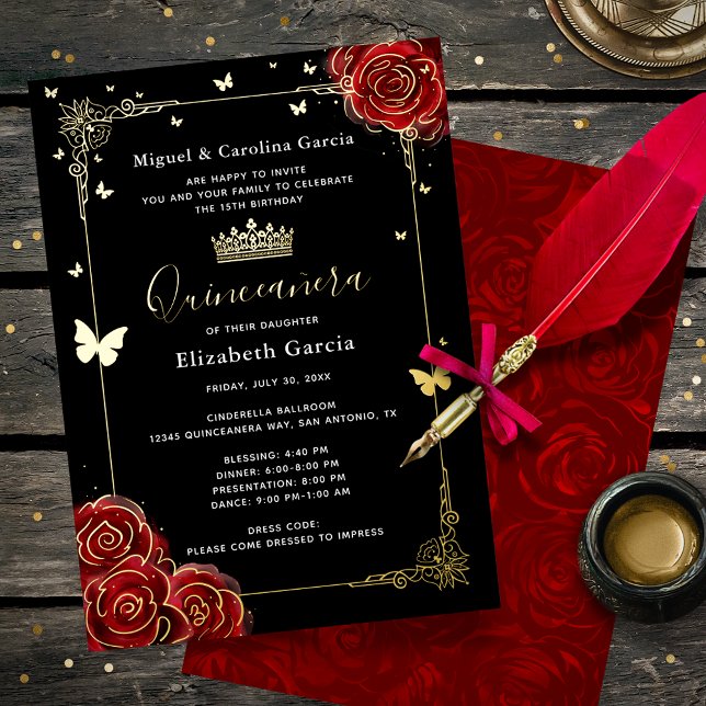 Invitación Con Relieve Metalizado Elegante Black Quinceanera Red Rose Real Gold (Black, red and real metallic gold foil quinceanera invitations to make your big day sparkle!)