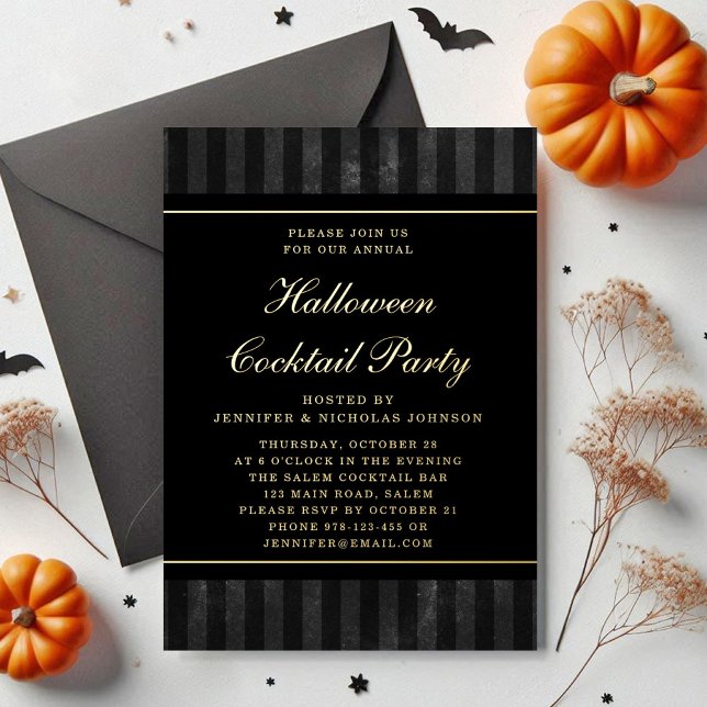 Invitación Con Relieve Metalizado Elegante Black Stripe Halloween Cocktail Fiesta Go (Elegant Black Stripe Halloween Cocktail Party Gold Foil Invitation)