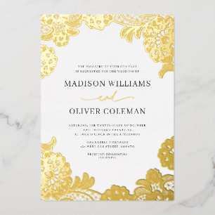 Invitación Con Relieve Metalizado Elegante Blanco + Lazo de Oro Hoja de Boda Real